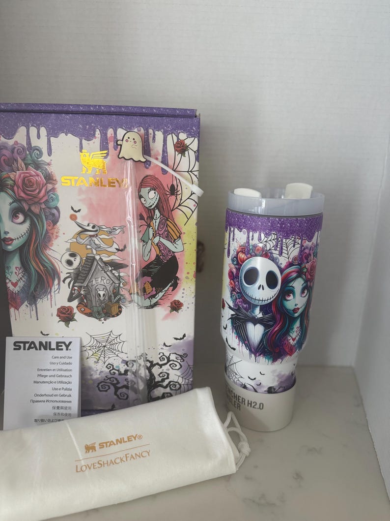 Glow in the Dark Jack & Sally Halloween cup. Stainless steel 40oz cup. with gift box