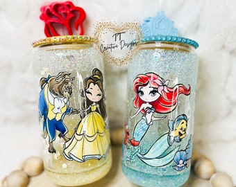 Princess Snow Globe Glass Can Cup: Belle, Ariel, Cinderella