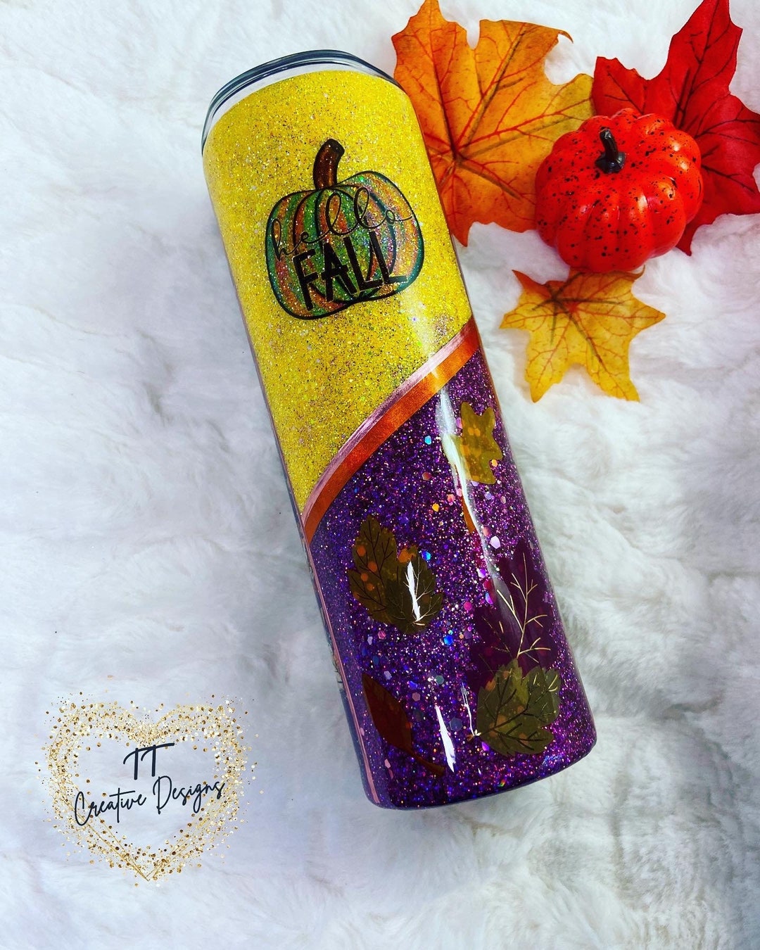 HELLO Split FALL Tumbler/ Glitter Tumbler, 20oz Skinny Tumbler.ready to
