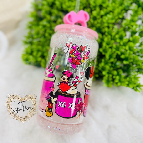 Mickey & Minnie Glass snow globe can/cup DTF/ tumbler/glass/custom-made/ready to ship/16oz/princess/ Disney/