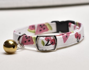 White Cat Collar with Watermelon Pattern and Bell, Cat and Kitten Sizes, Breakaway Collar, Cat and Kitten Sizes, Cotton, Watermelon Print