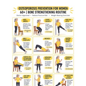 May include: A digital chart titled Osteoporosis Prevention for Women 60+ Bone Strengthening Routine. It displays twelve illustrated exercise instructions including heel drops, chair squats, side leg lifts, wall push-ups, bridges, and seated spinal twists.