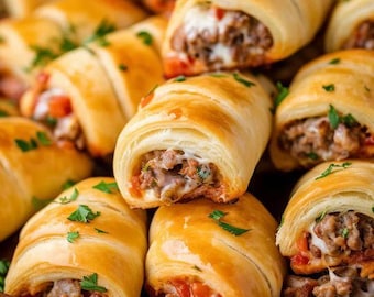 Puede incluir: Un primer plano de un cuenco de madera lleno de rollos de media luna rellenos de carne y queso. Los rollos están cubiertos de perejil y están dispuestos en una pila.