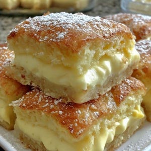 Puede incluir: Primer plano de pasteles cuadrados. Cada pastel tiene una parte superior e inferior dorada y ligeramente crujiente, con un relleno amarillo cremoso y espeso. Los pasteles están espolvoreados con azúcar glas, lo que añade un toque de dulzura. Postre o repostería.