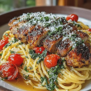 Może przedstawiać: Talerz spaghetti z pokrojonym, grillowanym kurczakiem. Makaron jest posypany pomidorkami koktajlowymi, świeżymi ziołami i startym serem. Kurczak jest złocistobrązowy i doprawiony. Danie podane na białym talerzu.