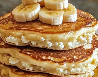May include: A stack of fluffy pancakes with cottage cheese filling, topped with sliced bananas and drizzled with syrup. The pancakes are golden brown and sit on a white plate, perfect for a breakfast or brunch.
