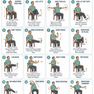 以下が含まれることがあります： TAI CHI CHAIR WORKOUTS FOR MENというタイトルの指導用ポスター。緑のシャツと灰色のズボンを着用した人物が木製の椅子に座ってエクササイズを行う16の番号付きイラストと、各動作のテキスト説明が記載されています。