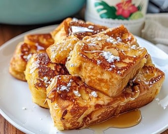 May include: A plate of golden brown French toast topped with powdered sugar and a drizzle of maple syrup.