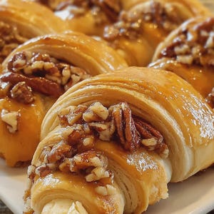 Puede incluir: Primer plano de varios pasteles dorados y glaseados, cada uno cubierto con nueces pecanas picadas. Los pasteles en forma de medialuna tienen capas visibles, lo que sugiere una textura hojaldrada. El glaseado brillante realza el atractivo visual.