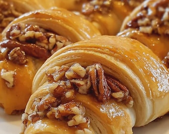 Può includere: Primo piano di diversi pasticcini dorati e glassati, ciascuno guarnito con noci pecan tritate. I pasticcini a forma di mezzaluna presentano strati visibili, suggerendo una consistenza sfogliata. La glassa lucida esalta l'appeal visivo.