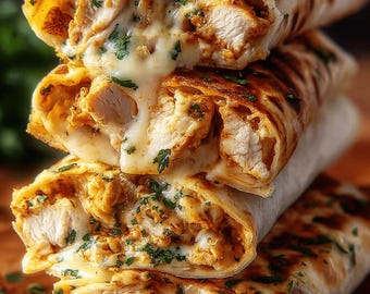 May include: A stack of three golden-brown, toasted burritos filled with chicken and melted cheese, garnished with fresh parsley. The cheese is oozing out, creating a visually appealing and appetizing image.