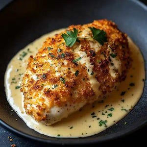May include: A breaded chicken breast covered in a creamy white sauce. The chicken breast is on a black plate and has a few sprigs of parsley on top.