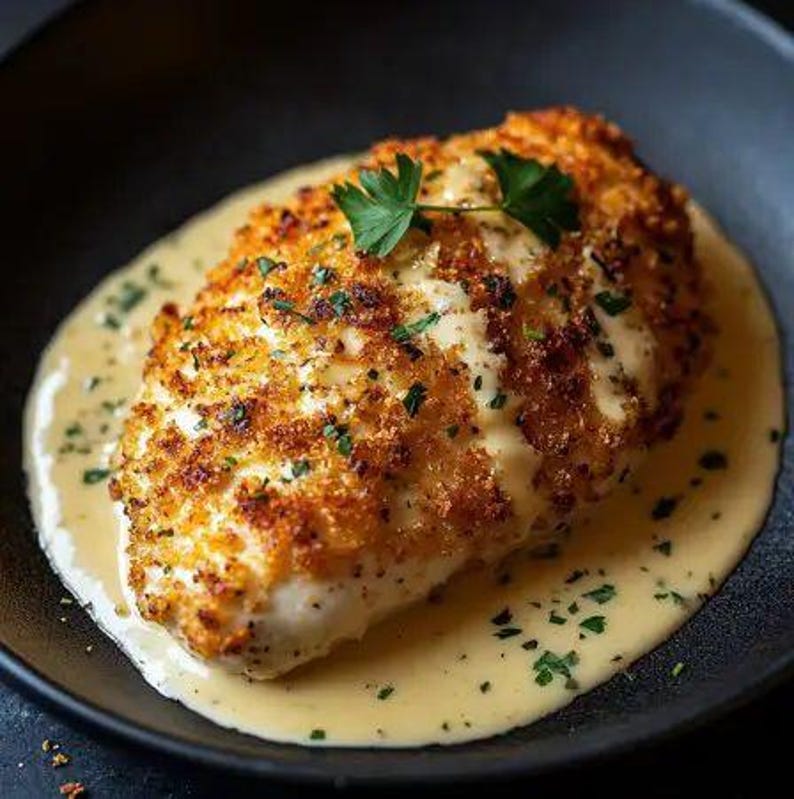 May include: A breaded chicken breast covered in a creamy white sauce. The chicken breast is on a black plate and has a few sprigs of parsley on top.