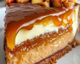 Pode incluir: Uma fatia de cheesecake de maçã e caramelo com uma crosta de biscoito graham, coberta com uma camada de molho de caramelo.