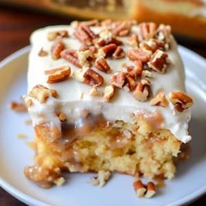 May include: A close-up of a slice of cake topped with white frosting and chopped pecans. The cake has a caramel layer and a light brown crumb.