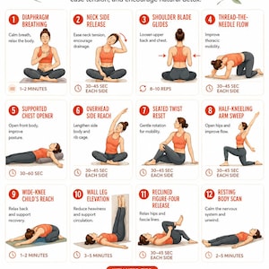 Puede incluir: Un gráfico instructivo titulado FASCIA & LYMPH FLOW RENEWAL que presenta doce ilustraciones numeradas de una persona con top naranja y leggings oscuros realizando varios estiramientos, con descripciones de texto y duraciones para cada movimiento.