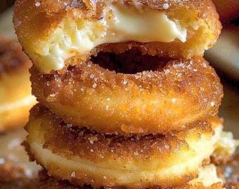 Op de afbeelding: Een stapel van vier gefrituurde donuts met een romige vulling. De bovenste donut is gedeeltelijk opgegeten, waardoor de witte vulling zichtbaar wordt. De donuts zijn bestoven met suiker.
