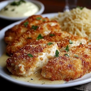 May include: Four breaded chicken cutlets on a white plate with a white sauce. The chicken cutlets are golden brown and have a crispy texture. The plate is surrounded by a brown tablecloth. The chicken cutlets are served with a side of rice.