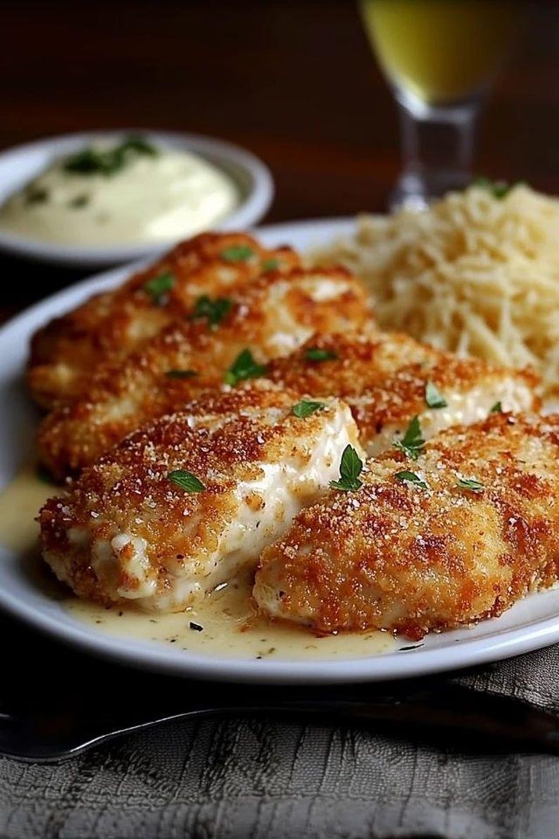 May include: Four breaded chicken cutlets on a white plate with a white sauce. The chicken cutlets are golden brown and have a crispy texture. The plate is surrounded by a brown tablecloth. The chicken cutlets are served with a side of rice.
