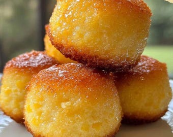 Op de afbeelding: Een close-up van een stapel goudbruine, koepelvormige bakwaren. De bovenkanten zijn licht bestrooid met een wit poeder. De bakwaren zijn op een wit bord gestapeld. De randen zijn donkerder bruin.