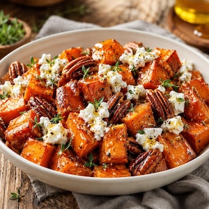 May include: A white bowl filled with roasted orange sweet potato cubes, topped with crumbled white goat cheese, whole brown pecans, and fresh green thyme sprigs. The dish is glazed with a glossy, golden liquid and seasoned with black pepper.