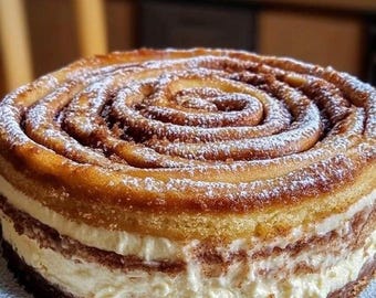 Pode incluir: Um bolo redondo em camadas com um design de rolo de canela no topo. O bolo tem um exterior castanho claro, um recheio branco cremoso e uma base castanha escura. O açúcar de confeiteiro polvilha o topo do bolo, que fica em um prato branco.