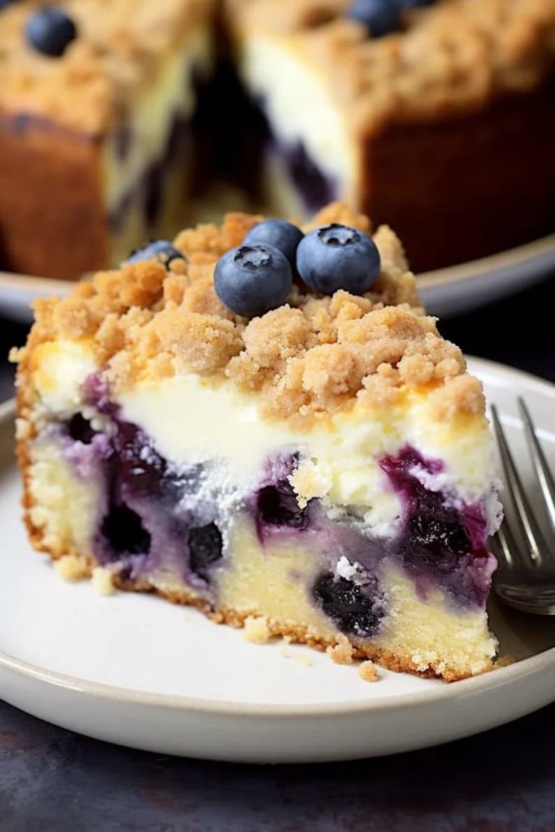 K&ouml;nnte beinhalten: Ein St&uuml;ck Blaubeer-K&auml;sekuchen mit Streusel-Topping und frischen Blaubeeren darauf. Der K&auml;sekuchen liegt auf einem wei&szlig;en Teller.