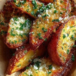May include: Close-up of a pile of golden-brown potato wedges, seasoned with green herbs and white grated cheese. The wedges are arranged on a brown paper, showcasing a delicious appetizer.