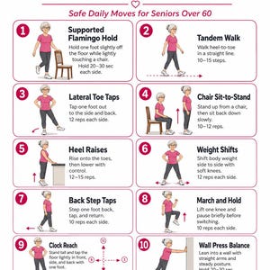 Op de afbeelding: Een infographic getiteld 10 Balance Exercises to Prevent Falls, met genummerde illustraties van een persoon in een roze shirt en grijze broek die bewegingen uitvoert zoals de flamingo-houding, tandemlopen en opstaan uit een stoel.