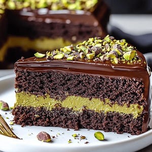 Può includere: Una fetta di torta al cioccolato con ripieno di pistacchi e copertura di ganache al cioccolato. La torta è su un piatto bianco, guarnita con pistacchi tritati e una forchetta dorata. Gli strati della torta sono visibili.