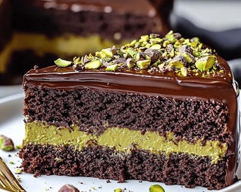 Peut inclure: Une part de gâteau au chocolat avec une garniture à la pistache et une ganache au chocolat. Le gâteau est sur une assiette blanche, garni de pistaches hachées et d'une fourchette dorée. Les couches du gâteau sont visibles.