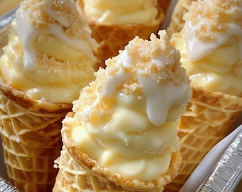 May include: Close-up of several ice cream cones filled with a creamy yellow dessert. Each cone is topped with a white drizzle and a sprinkle of crumbs. The cones are in a silver container, creating a visually appealing treat.