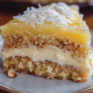 May include: A slice of layered cake with a light brown base, a creamy white filling, and a bright yellow topping. The cake is garnished with shredded white coconut flakes and served on a white plate.