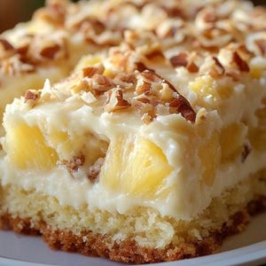 May include: A close-up of a pineapple upside-down cake with a creamy white frosting and chopped pecans on top. The cake is on a white plate.