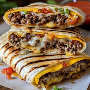 Puede incluir: Una pila de tres quesadillas a la parrilla rellenas de carne picada, queso y verduras. Las quesadillas son de color marrón dorado y tienen una textura crujiente.