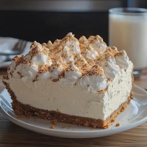 May include: A slice of pie on a white plate. The pie features a biscuit base, a creamy white filling, and is topped with whipped cream and a dusting of cinnamon. A glass of a light-coloured beverage is in the background.