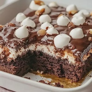 May include: A square chocolate cake in a white baking dish. The cake has a layer of white frosting, topped with a glossy chocolate glaze, white meringue drops, and nuts. A piece has been cut out.