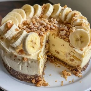 May include: A creamy banana cheesecake topped with sliced bananas and a crunchy peanut butter crumble crust.