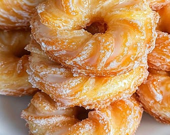 May include: Close-up of a stack of glazed donuts. The donuts are golden brown with a glossy glaze and a dusting of powdered sugar. The donuts have a layered, textured appearance, with a hole in the center.