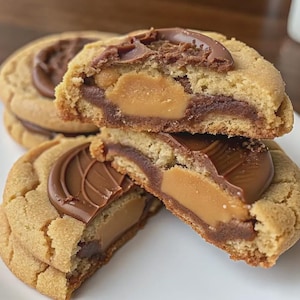 Puede incluir: Primer plano de galletas de mantequilla de cacahuete, una cortada por la mitad para revelar un relleno de mantequilla de cacahuete y cobertura de chocolate. Las galletas son de color marrón dorado con una textura suave, y el chocolate es marrón oscuro. En un plato blanco.