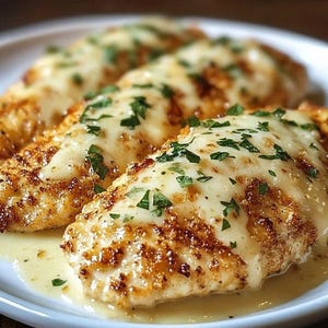 May include: Three pieces of breaded and fried chicken breast topped with a white creamy sauce and garnished with green parsley.