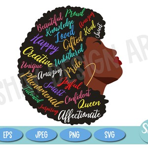Black Woman With Words in Her hair, Black woman clip art, Afro SVG, PNG for Tshirt Sublimation