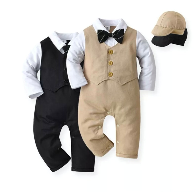 Baby Boy Suit Romper With Bow Tie - Perfect For Any Occasion | Wedding | Baptism | Christening | Baby Shower Gift | Newborn | Khaki | Black