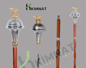 Drum Major Mace/Stave Embossed Head Stick Chrome With Gold Eagle On Top, Band Mace Stick With Free Soft Case