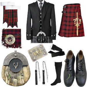 May include: A traditional Scottish kilt outfit featuring a black jacket, red and black kilt, sporran, and ghillie brogues. The kilt has a tartan pattern and a sword.