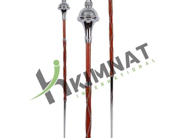 Drum Major Mace or Stave Plain Chrome Head Lion & Crown Three Parts Mace Natural Malacca Cane Shaft With Free Soft Case