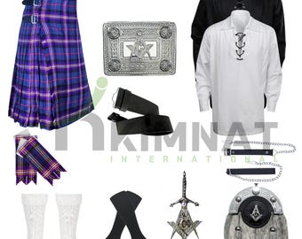 Conjunto de kilt escocés de tartán: traje masónico de las Tierras Altas (9 piezas)