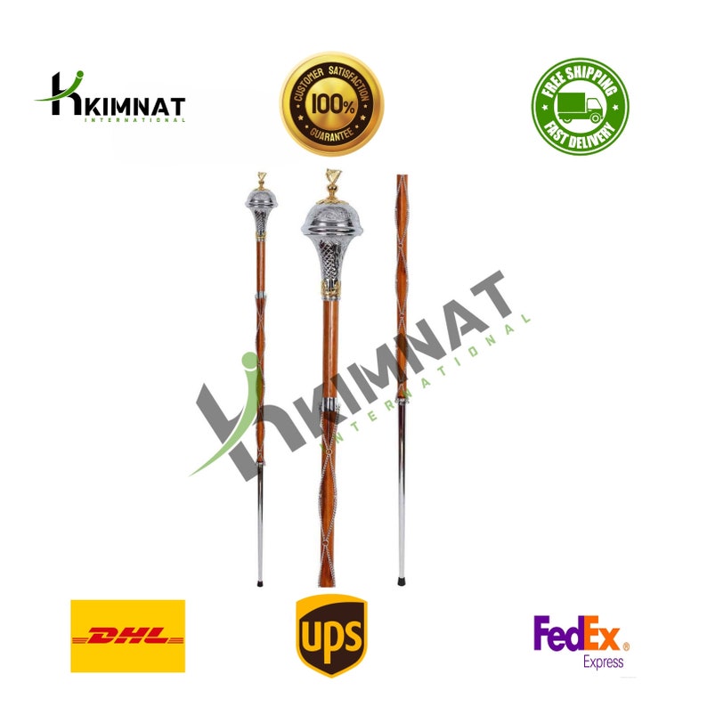 Custom Made Mini Mace or Stave Embossed Head Crown Gold Chrome Top Gold Chain main image 1