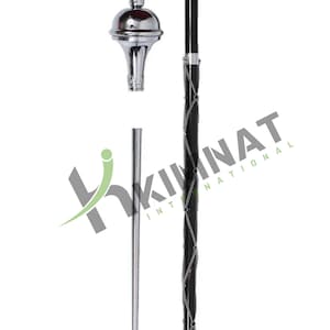 May include: A silver and black marching band mace with a chrome-plated ball-shaped head, a black shaft wrapped with a silver chain, and a silver base. The mace is partially disassembled, with the head and a lower shaft section separated.