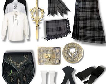 Men's Scottish Kilt Outfit: 10 Piece Traditional Wedding Stag Head Tartan Set